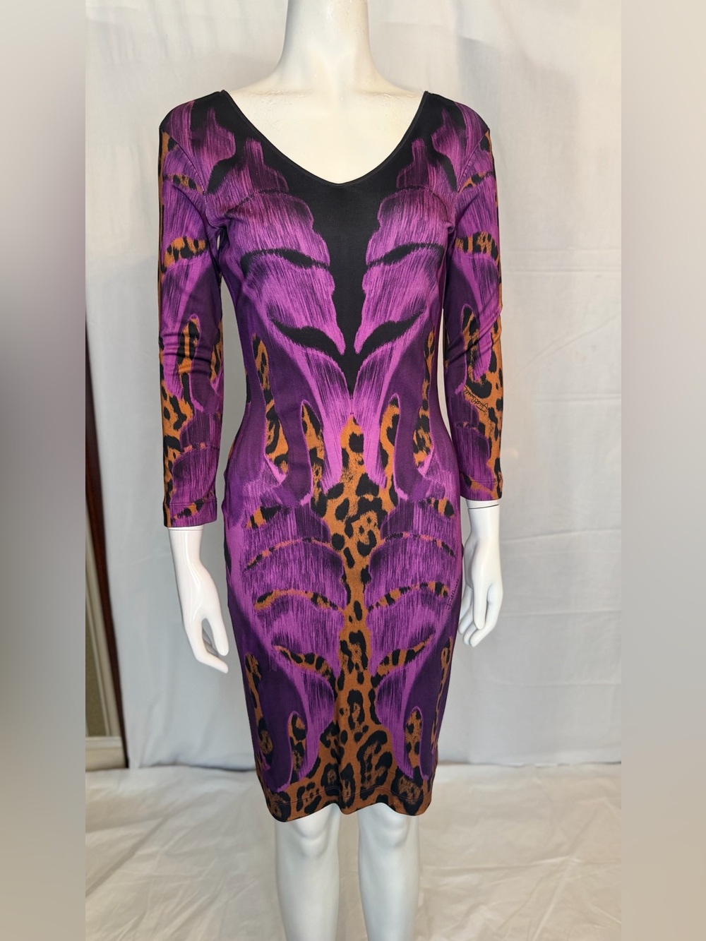 Just Cavalli Purple and Brown Animal-Print Long Sleeve Dress